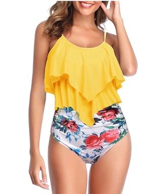 Women Tankini Ruffled Flounce Tank Top High Waisted Bottom  Swimsuit Swim Set L